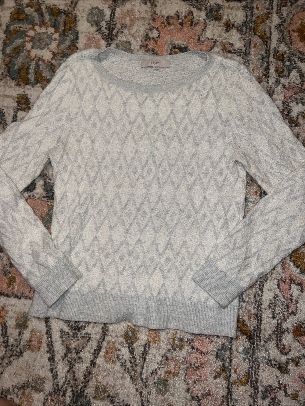 LOFT Light Gray & White Diamond Crewneck Sweater